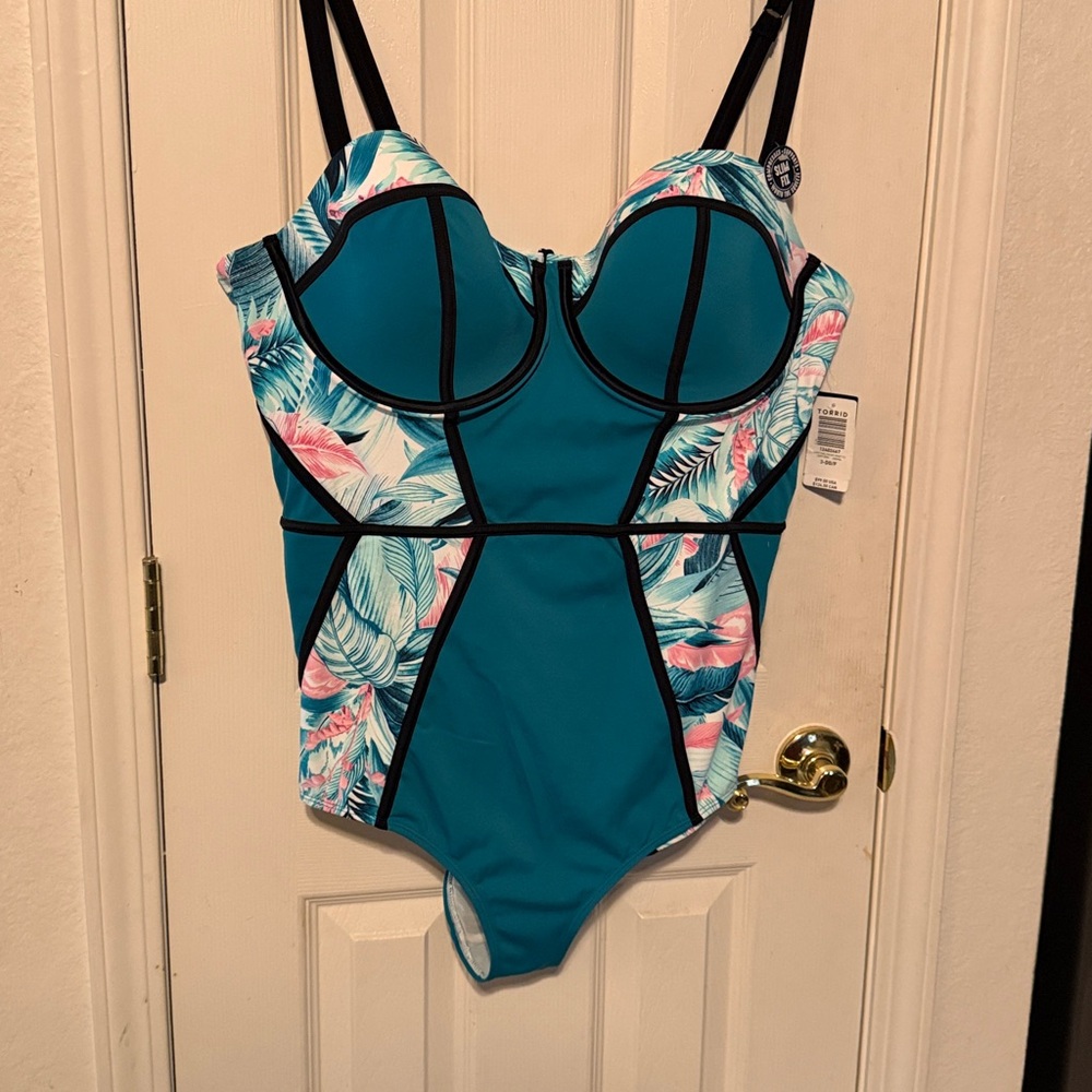Torrid Teal and Black Swimsuit -  3 - DD/F